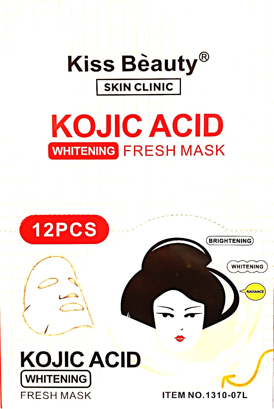 Kiss Beauty Vegan Professional Hyaluronic Kojic Acid Whitening Fresh Facial Mask 30ml - Pack of 12