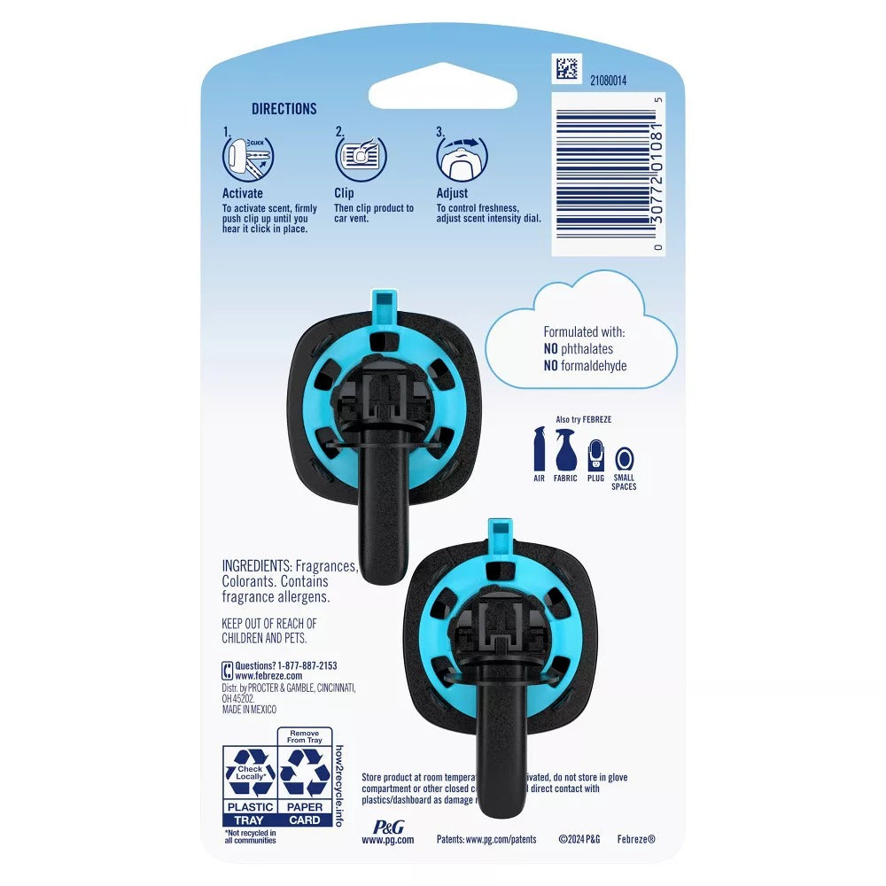 Febreze Car Air Freshener Vent Clip - Ocean Scent - 0.14 fl oz/2pk