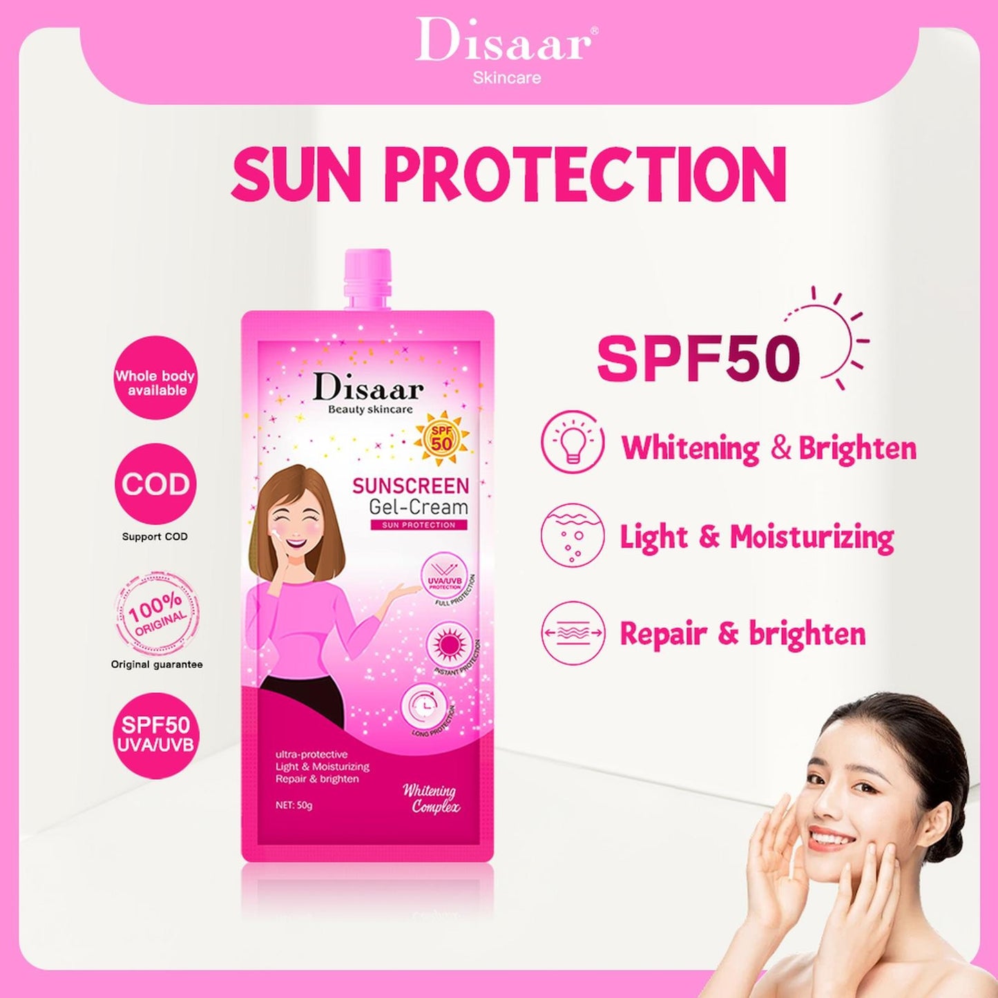 Disaar Beauty Skin Care Sunscreen Gel Cream SPF50 - 50g