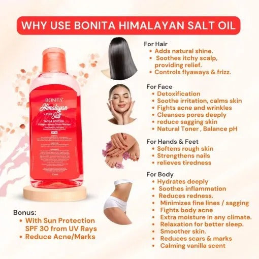 BONITA Himalayan Pink Salt Face & Body Oil with SPF 30 Korean Citron, Collagen & Moringa 100ml