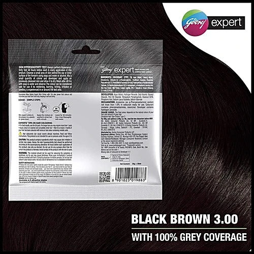 Godrej Expert Rich Creme Hair Colour - Single Use, Long Lasting, 100% Grey Coverage (20 g + 20 ml), 1 pc Shade 3 Black Brown