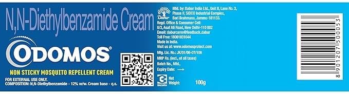 Odomos Cream - Non-Sticky Mosquito Repellent With Vitamin E & Almond, 100 g Tube