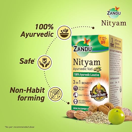 Zandu Nityam Ayurvedic Vati Laxative Tablets - 3 In 1 Benefit, Overnight Relief, No Abdominal Cramps, 30 pcs