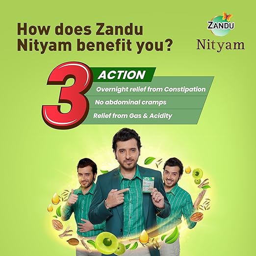 Zandu Nityam Ayurvedic Vati Laxative Tablets - 3 In 1 Benefit, Overnight Relief, No Abdominal Cramps, 30 pcs