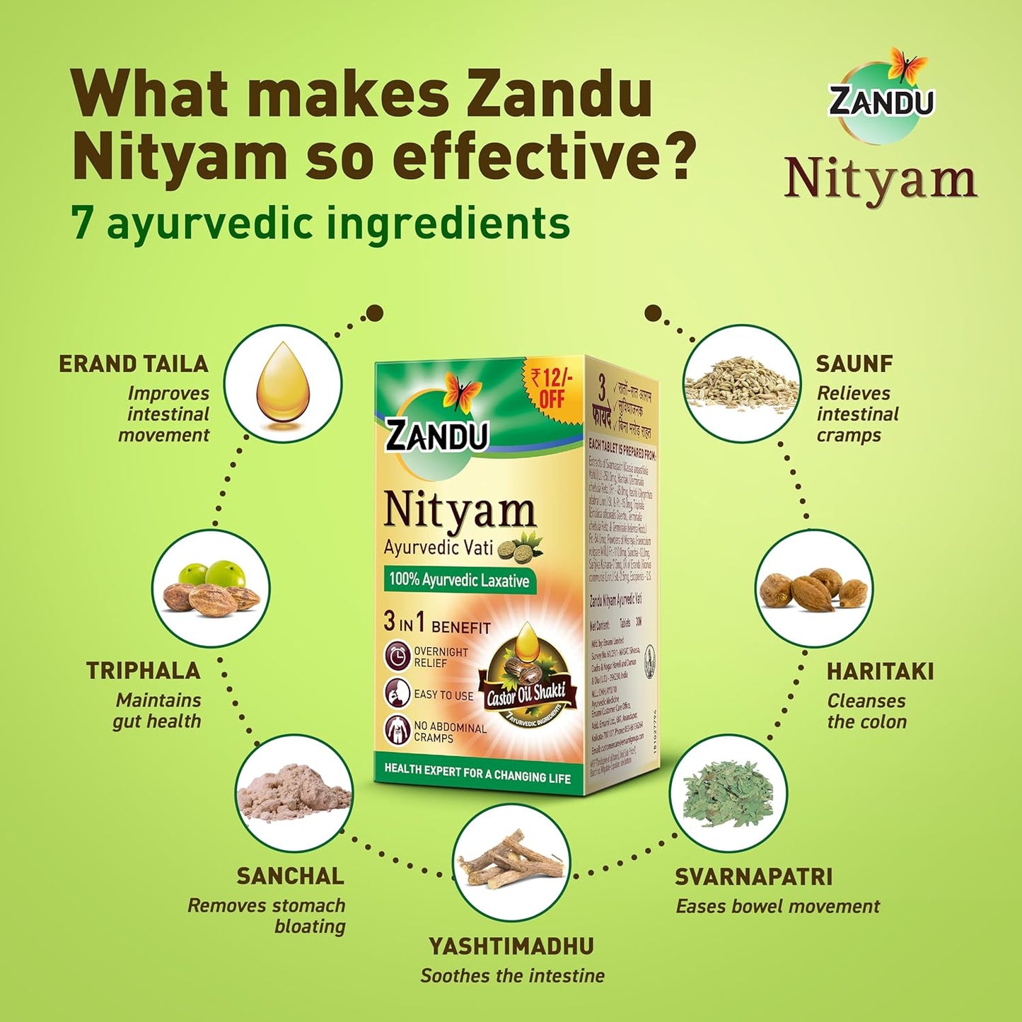 Zandu Nityam Ayurvedic Vati Laxative Tablets - 3 In 1 Benefit, Overnight Relief, No Abdominal Cramps, 30 pcs