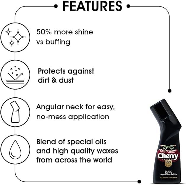Cherry Blossom Liquid Shoe Polish - Black, 75 ml
