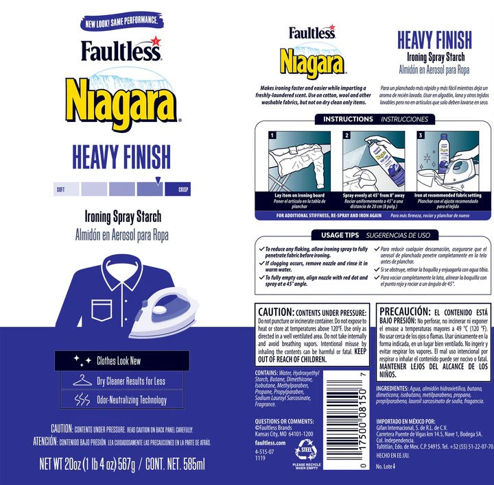 Faultless Niagara Heavy Finish Ironing Spray Starch, 585ml