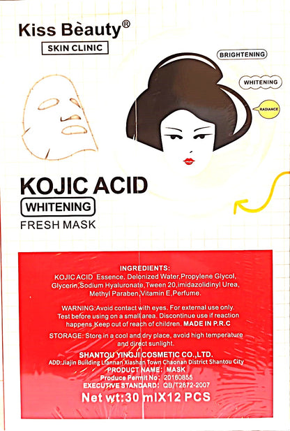 Kiss Beauty Vegan Professional Hyaluronic Kojic Acid Whitening Fresh Facial Mask 30ml - Pack of 12