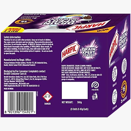 Harpic Drain Xpert Cleaning Powder, 360 g (8 x 45 g)