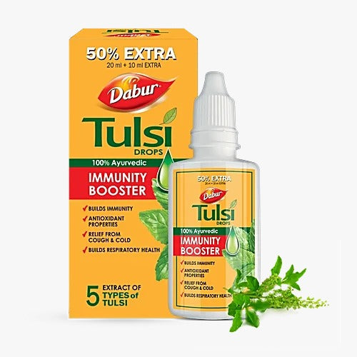 Dabur Tulsi Drops packaging with bottle on a white background