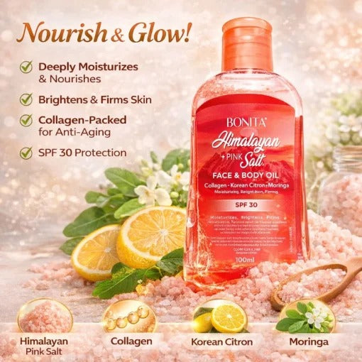 BONITA Himalayan Pink Salt Face & Body Oil with SPF 30 Korean Citron, Collagen & Moringa 100ml