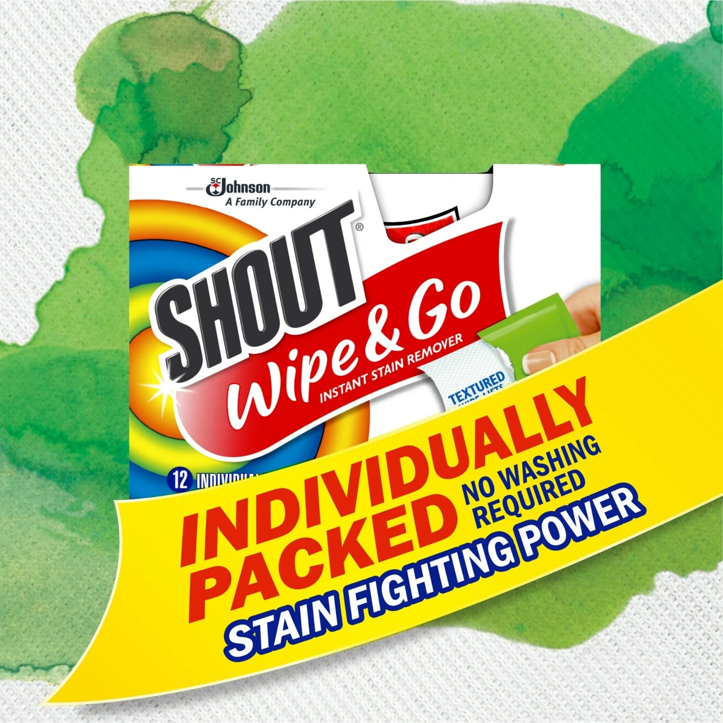 Shout Wipes Stain Remover for Clothes Laundry, Instant Stain Remover, 12 Wipes