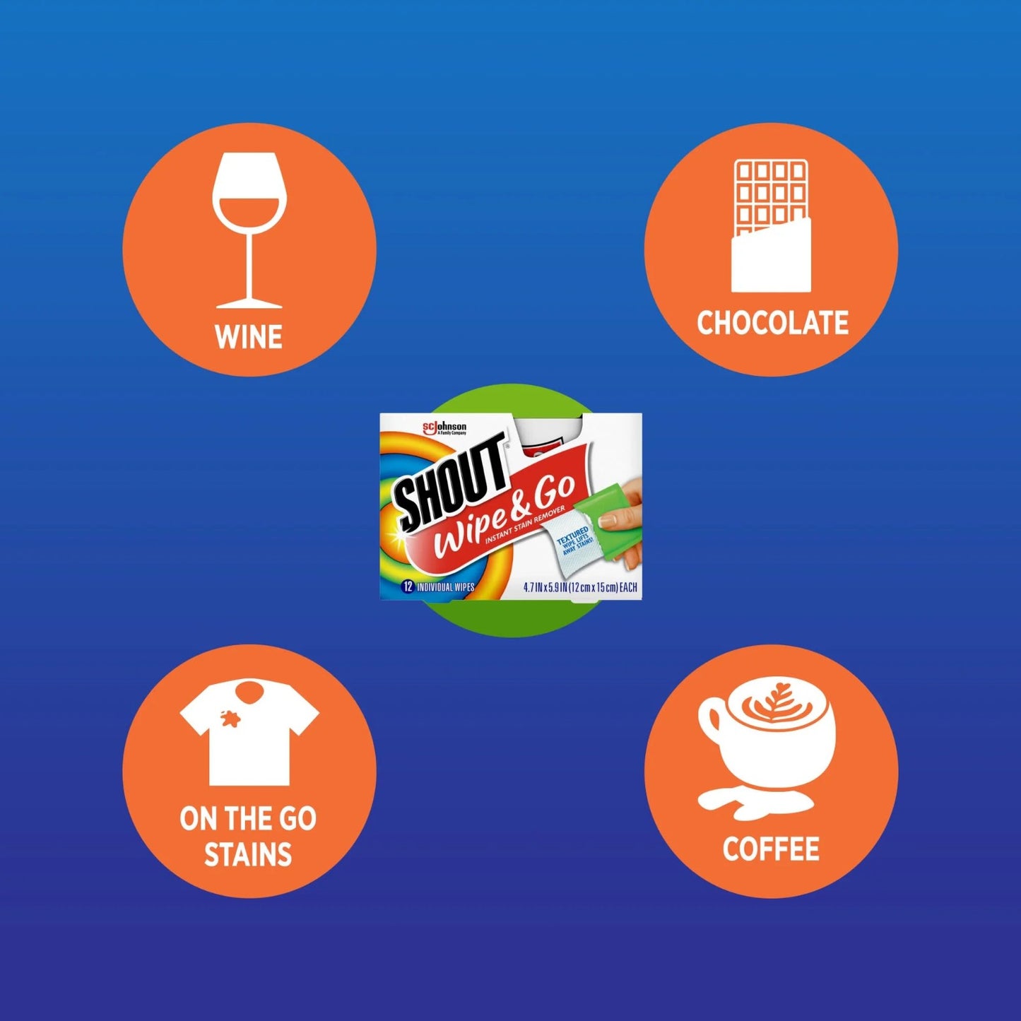 Shout Wipes Stain Remover for Clothes Laundry, Instant Stain Remover, 12 Wipes