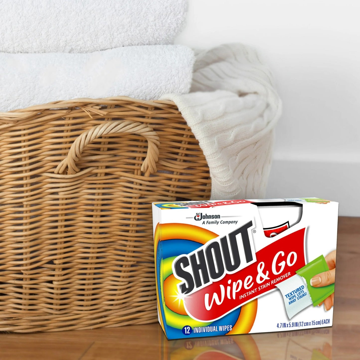 Shout Wipes Stain Remover for Clothes Laundry, Instant Stain Remover, 12 Wipes