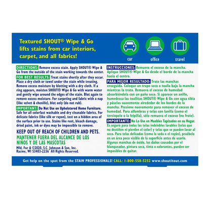 Shout Wipes Stain Remover for Clothes Laundry, Instant Stain Remover, 12 Wipes