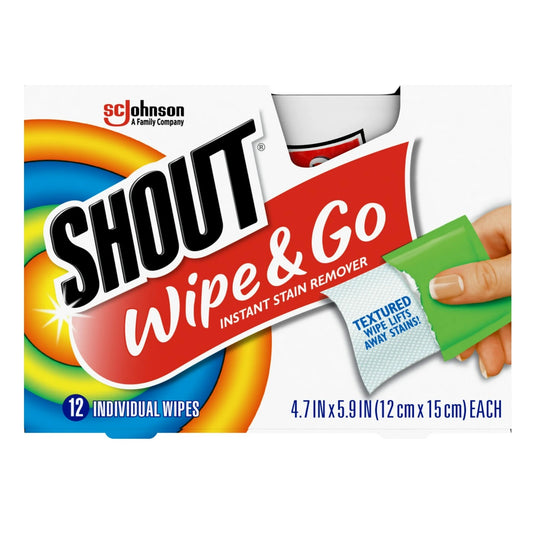 Shout Wipes Stain Remover for Clothes Laundry, Instant Stain Remover, 12 Wipes